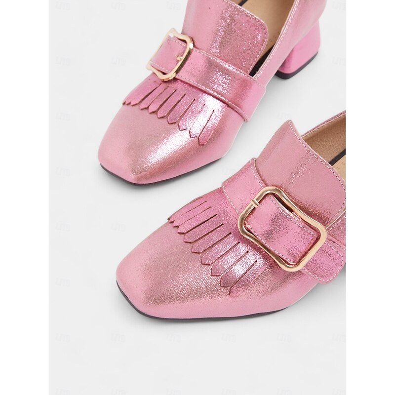 Women's Pink Metallic Block Heel Loafers with Fringe and Gold Buckle - Retro Vintage-Style Shoes for Parties and Special Occasions4
