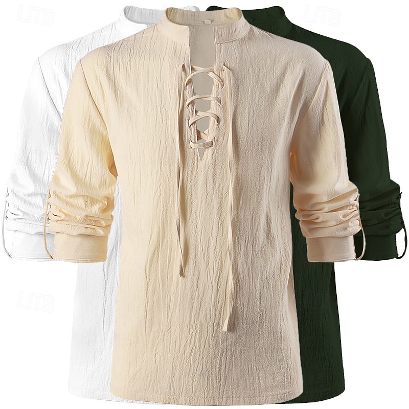 Medieval Renaissance 17th Century Blouse / Shirt Cosplay Costume Celtic Knight Elven Drawstring Solid Color Fancy Dress Men's Pirate Fantasy Halloween Masquerade Casual Daily Renaissance Fair Adults'