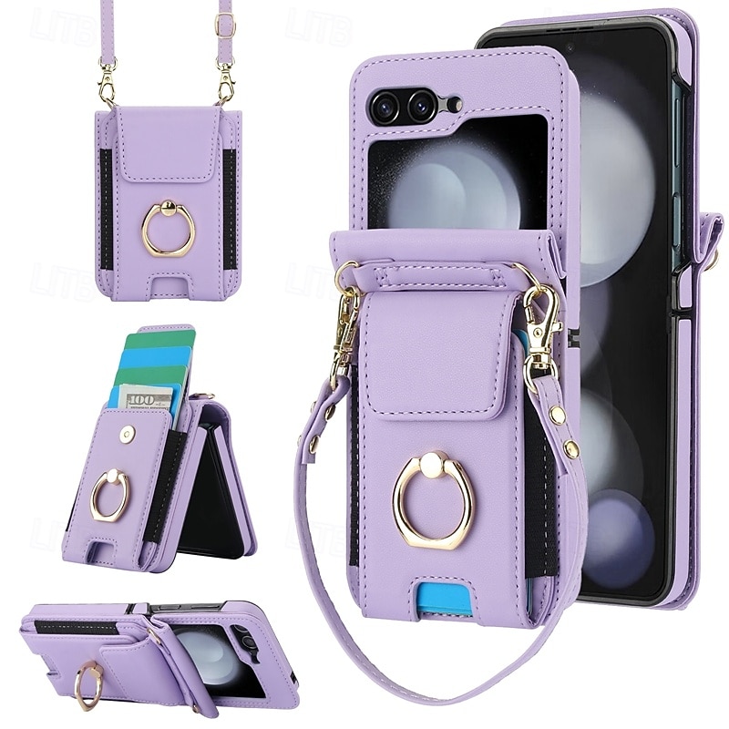 Phone Case For Samsung Galaxy Z Flip 7 Z Flip 6 Z Flip 5 Z Flip 4 Z Flip 3 Back Cover Ring Holder with Lanyard with Wrist Strap Retro TPU PU Leather