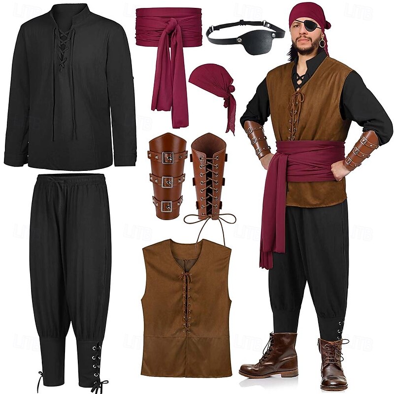 Men's 8 PCS Viking Pirate Outfits Costumes with Armor Set Retro Vintage Medieval Renaissance 17th Century Knight Ritter Ranger Elven Valhalla for Halloween Carnival LARP Ren Faire2