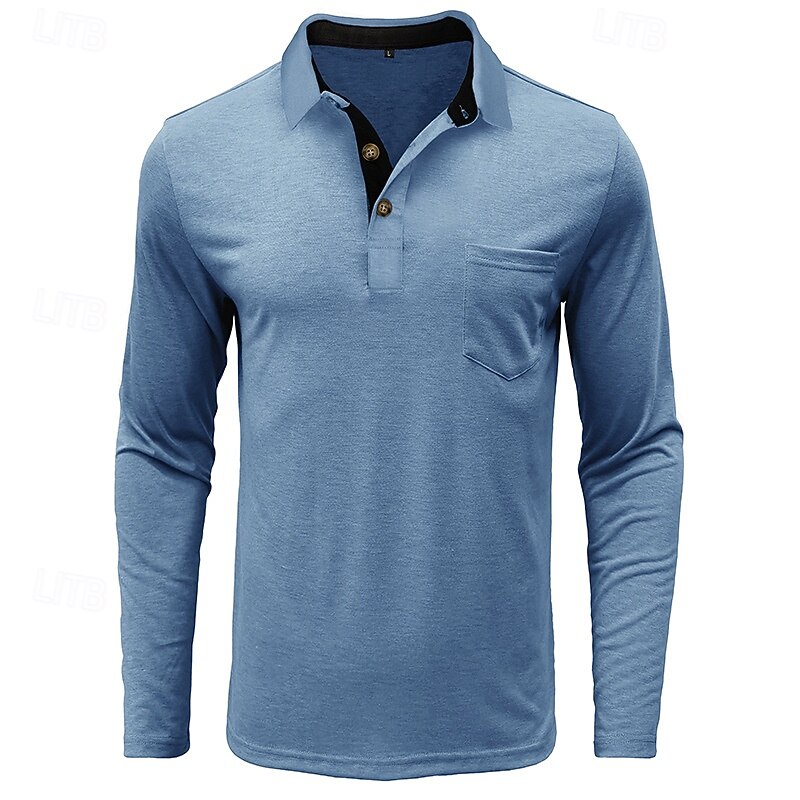 Men's Polo Shirt Golf Shirt Casual Sports Lapel Long Sleeve Fashion Basic Solid Color Button Spring &  Fall Regular Fit Light Blue Army Green Dark Grey Lake blue Retro Red Apricot Polo Shirt4