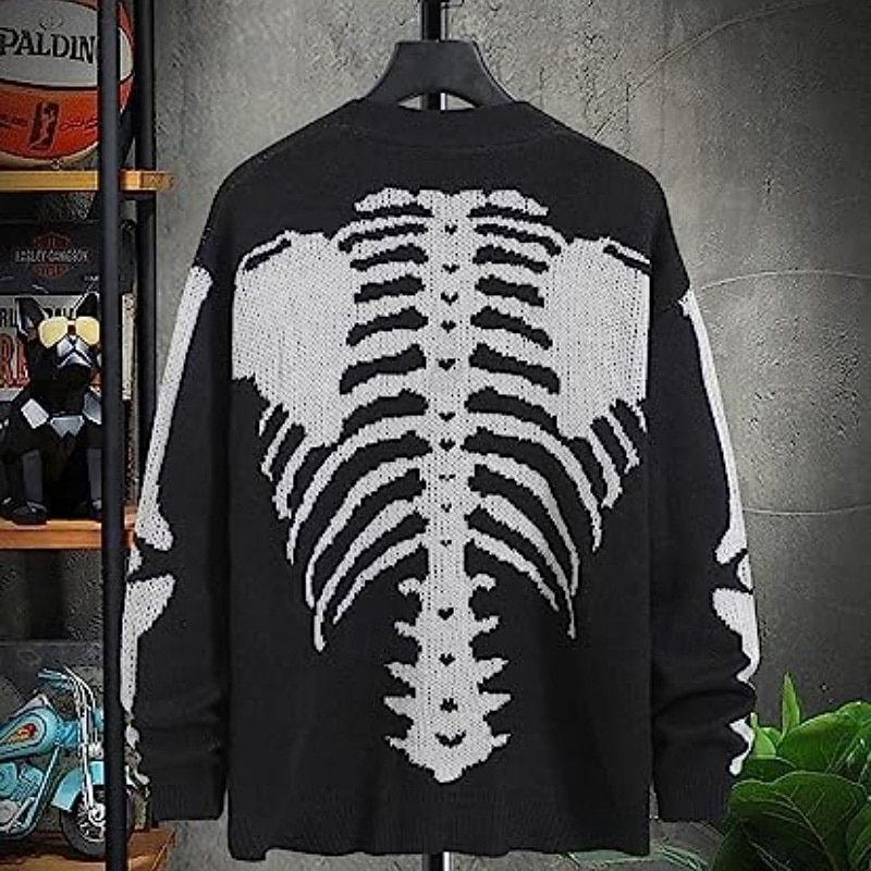 Men's Cropped  Sweater Cardigan Sweater Jacquard Sweater Knit Sweater Ribbed Knit Regular Cool Skulls V Neck Fashion Classic Halloween Daily Wear Clothing Apparel Fall & Winter Army Green Black S M L4