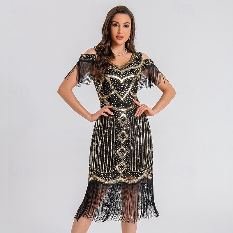 1920s Vintage Inspired Short Length Flapper Dress Party Costume The Great Gatsby Wedding Guest Sequins Sequin Tassel V Neck Fancy Dress Women's Christmas Halloween New Year Casual Daily Party4