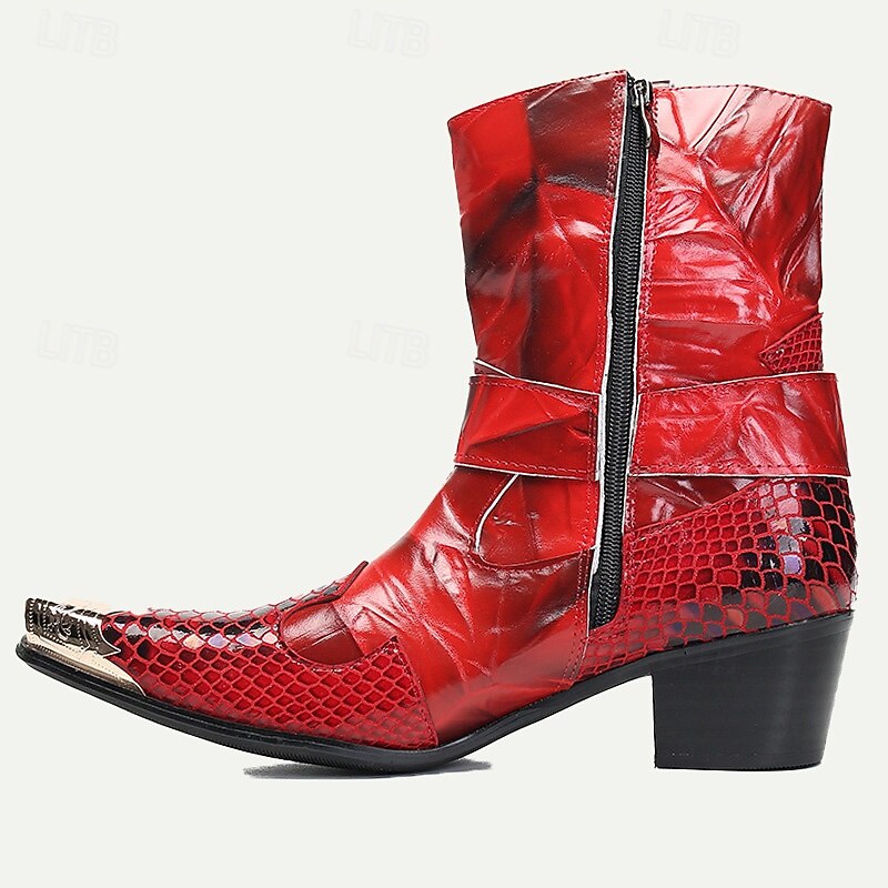Men's Red Premium Cowhide Motorcycle Boots with Snake Pattern, Metal Toe Cap, and Western Style – Perfect for Riding and Outdoor Adventures3