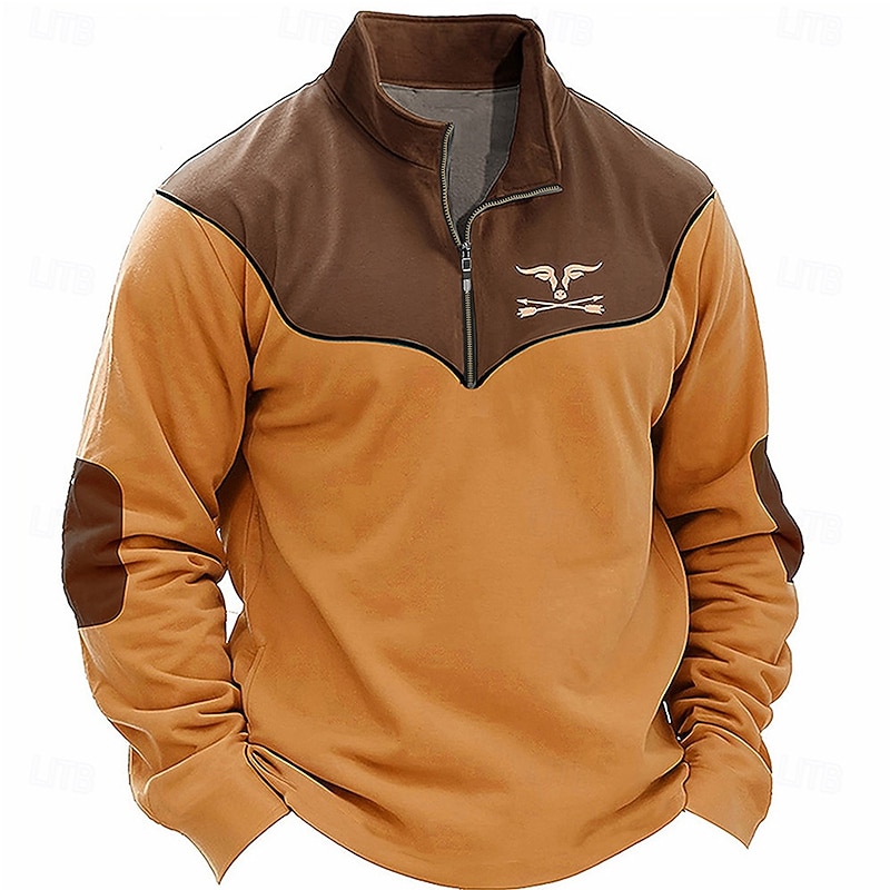 Men's Cow Hunting Sweatshirts Quarter Zip Sweatshirt Long Sleeve Sweatshirt Stand Collar Vintage Retro Western Cowboy 3D Print Hunting 3D Print Winter Spring &  Fall4