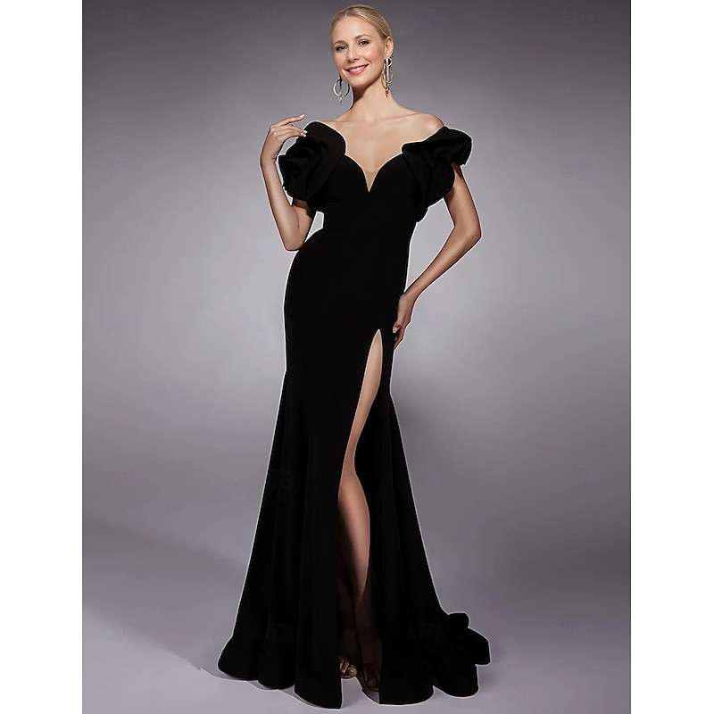 Black Tie A-Line Evening Gown Elegant Formal Dress Floor Length Fall Wedding Guest Dress Short Sleeve V Neck Pocket Stretch Crepe with Slit Masquerade Dress