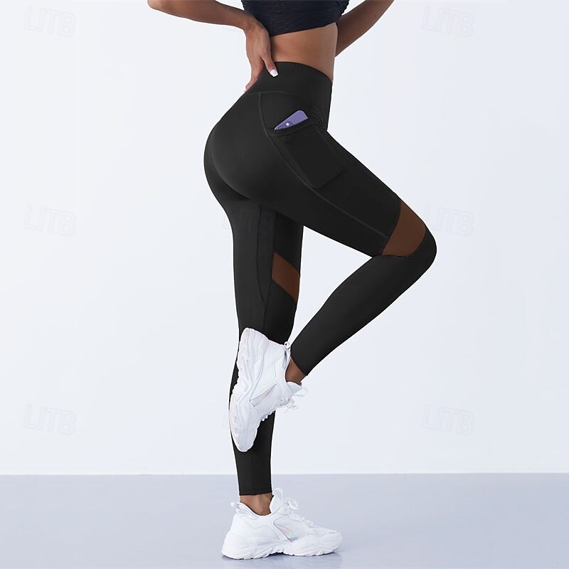 Women's Yoga Pants Yoga Leggings Patchwork Mesh High Waist Pilates Gym Workout Workout Tights Solid Color Black Fall Sports Activewear Stretchy Slim