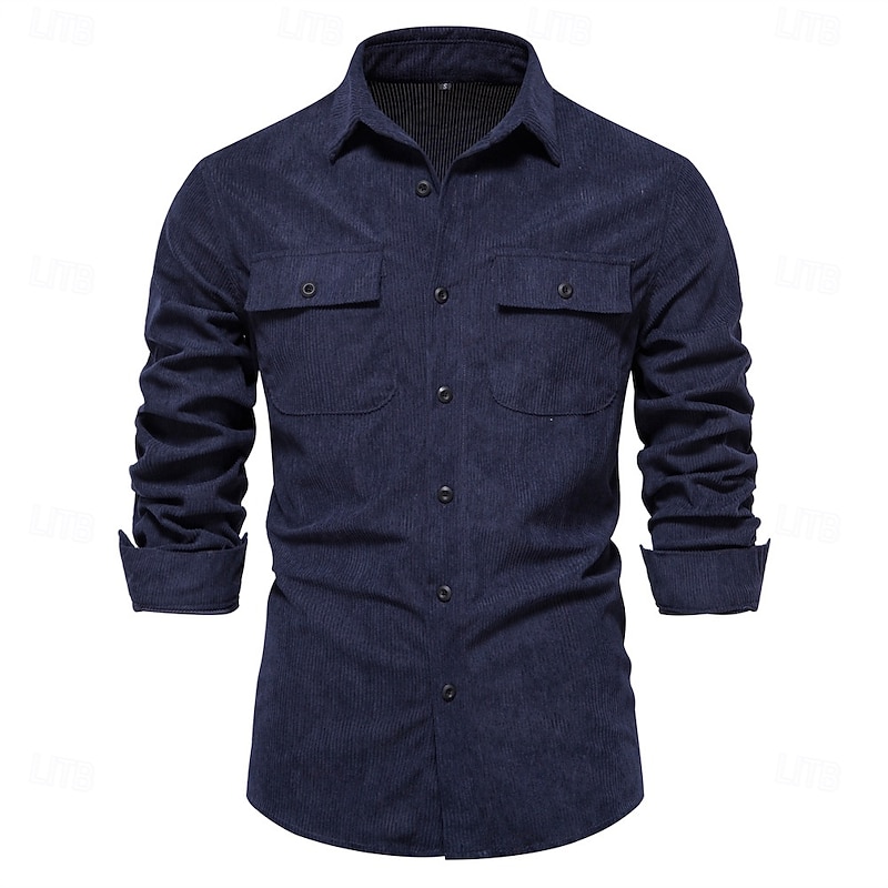 Men's Shirt Casual Shirt Corduroy Shirt Button Up Shirt Plain Daily Vacation Dark Navy Khaki Long Sleeve Collar Spring &  Fall Clothing Apparel Front Pocket2