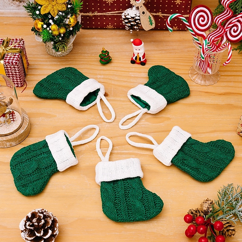 1PC Christmas Green Knitted Mini Stocking Ornaments, Xmas Party Small Christmas Tree Hanging Socks2