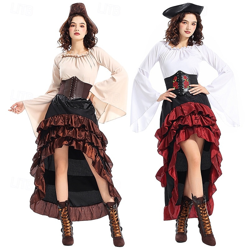 Retro Vintage Medieval Renaissance Outfits Pirate Viking Fancy Dress Women's Pirate Fantasy Steampunk Halloween Carnival Party LARP Ren Faire Adults' Top Skirt Hat
