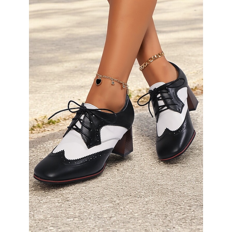 Women's Black and White Vintage Brogue Lace-Up Oxford Heels – Retro Style Formal Shoes for Office and Casual Wear