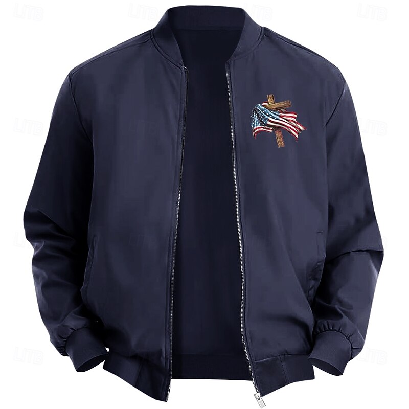 Men's American US Flag Cross Bomber Jacket Coat Casual Sports Outdoor Daily Wear Side Pockets Zip Front Graphic Fall Winter Standing Collar Long Sleeve Black Red Army Green2