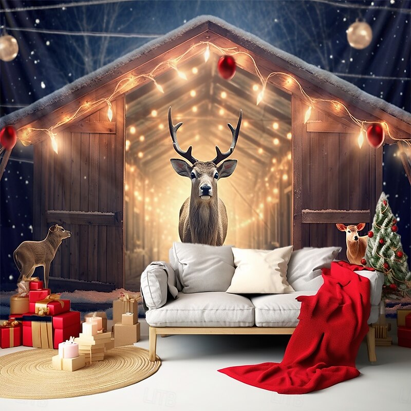 Christmas Decorations Hanging Tapestry Wall Art Xmas Deer Farmhouse Large Tapestry Mural Decor Photograph Backdrop Blanket Curtain Home Bedroom Living Room2