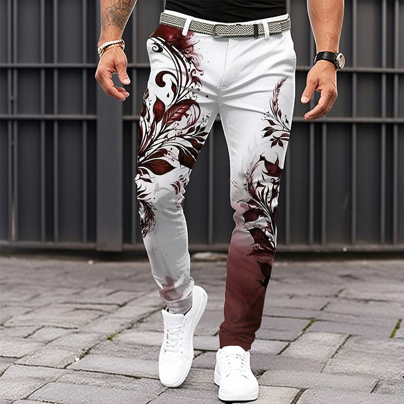Men's Plant Dress Pants Mid Waist Casual Home Dailywear Zipper Pocket Summer Spring Fall 3D Print Black Dark Red Blue3