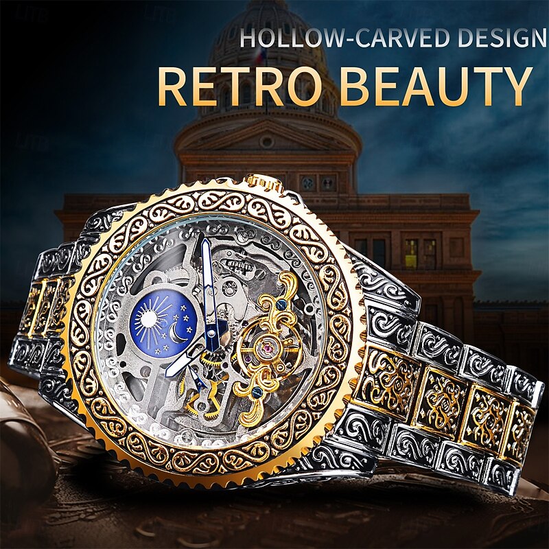 FORSINING Men Mechanical Watch Retro Vintage Luxury Large Dial Fashion Hollow Skeleton Automatic Self-winding Moon phase Luminous Stainless Steel Strap Watch4