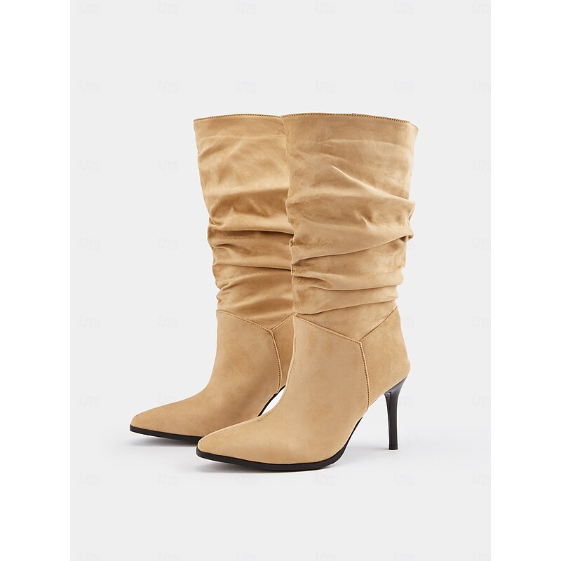 Women's Tan Suede Slouchy Knee-High Boots with Stiletto Heels and Pointed Toe, Stylish Fall and Winter Footwear for Casual and Evening Wear2