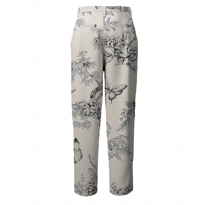 Men's Floral Dress Pants Mid Waist Casual Vacation Dailywear Zipper Pocket Summer Spring Fall 3D Print White2