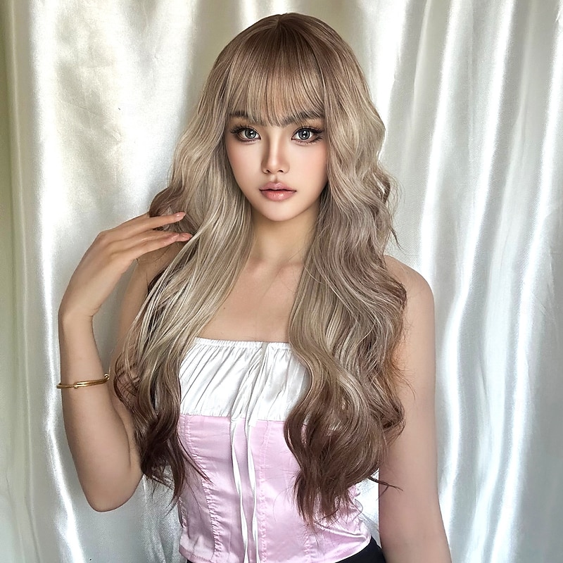 Synthetic Wig Uniforms Career Costumes Princess Curly Wavy Middle Part Layered Haircut With Bangs Machine Made Wig 28 inch Rose Gold Synthetic Hair Women's Cosplay Party Fashion Black / Blonde4