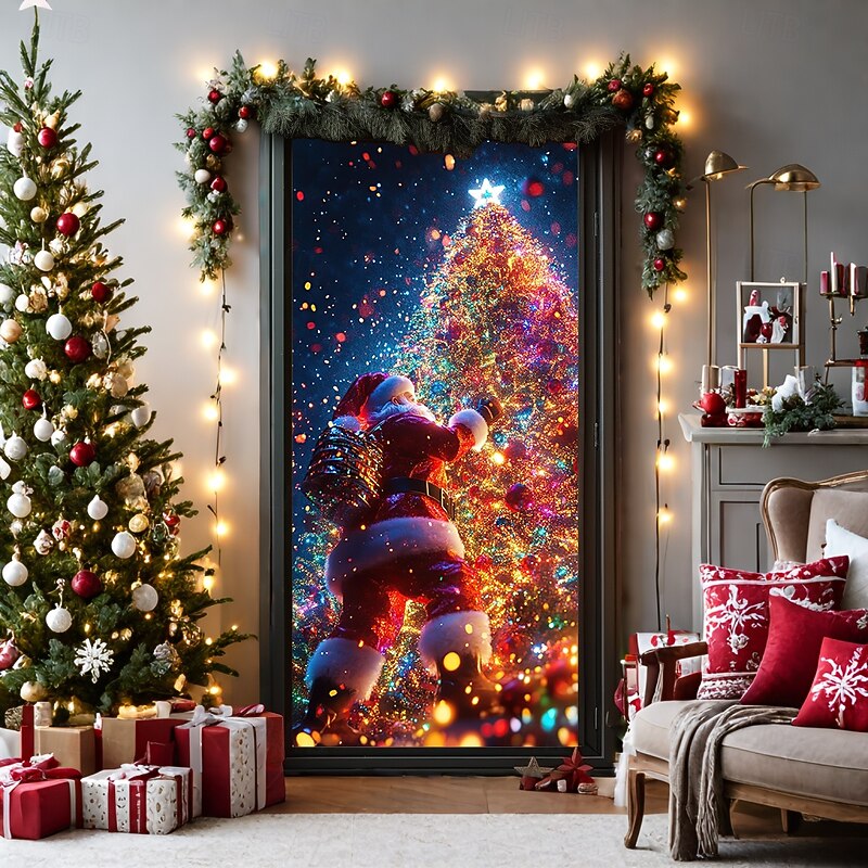 Christmas Door Decorations Door Covers Xmas Tree Door Tapestry Door Curtain Decoration Backdrop Door Banner for Front Door Farmhouse Holiday Party Decor Supplies Indoor/Outdoor2