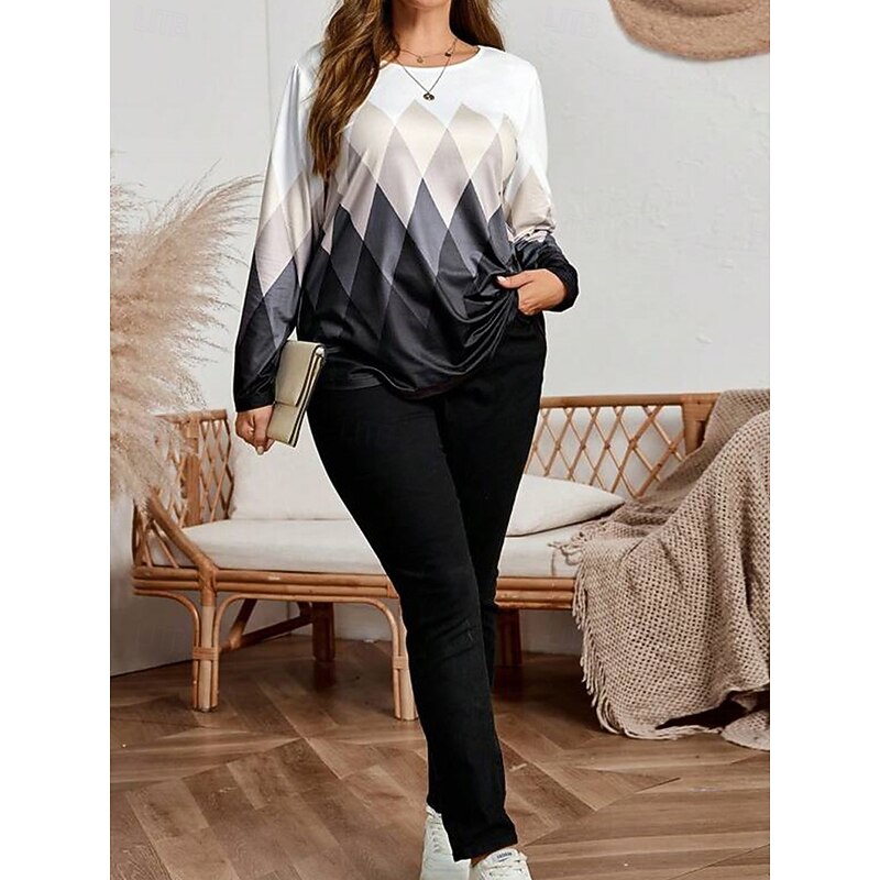 Women's Plus Size Tops T shirt Tee Geometry Print Long Sleeve Crew Neck Casual Daily Fall Winter Gray4
