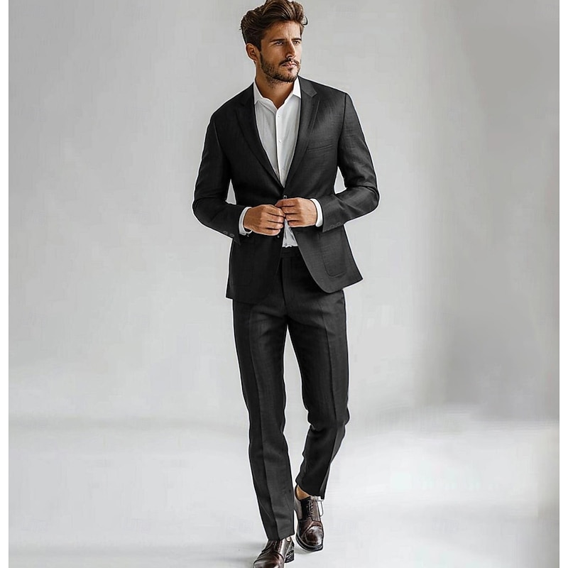 Men's 100% Linen Suits Linen Blazer Formal Wedding Party Lined Daily Coats / Jackets Spring &  Fall Linen Solid Color Button Pocket Comfy Open Front Blazer Navy Blue