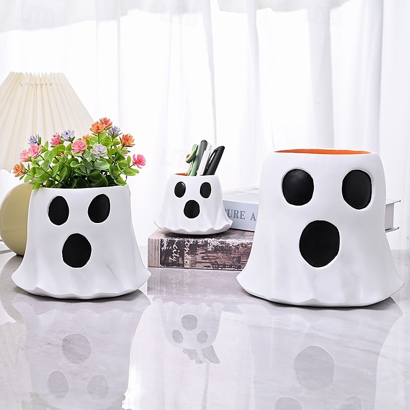 Halloween Cute Cute Ghost Decoration Candy Bucket, Home and Garden Planter, Desk Decor, Halloween Atmosphere Pen Holder, Storage Craft Ornament2