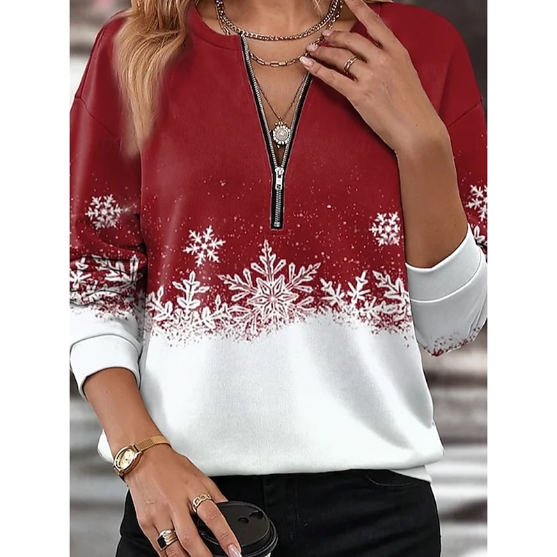 Women's Hoodies SweatshirtsWinter Pullover Snowflake Print Festive Red White Gradient Long Sleeve Zip Neck Casual Holiday Sweater Top Available in Standard to Plus Size2