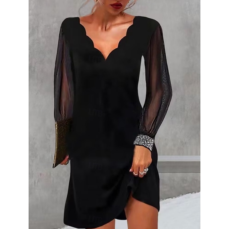 Women's Maxi Dress Black Dress Cocktail Dress Sheath Dress Formal Dress Elegant Vacation Regular Fit Solid Color Long Sleeve V Neck Black Fall2