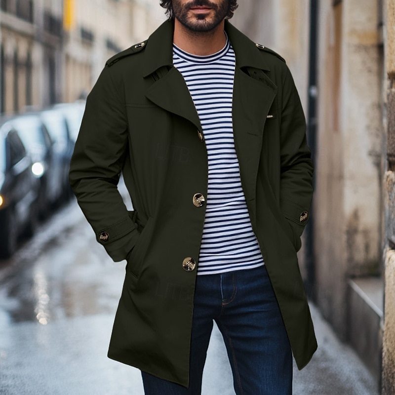 Men's Trench Coat Carnival Outdoor Spring Fall Winter Cotton Outerwear Clothing Apparel Elegant Vintage non-printing Solid Color Pocket Fold-over Collar2