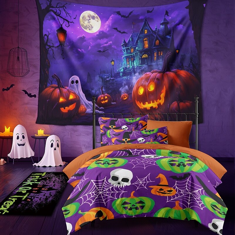 Halloween Decorations Blacklight Tapestry UV Reactive Glow in the Dark Glow Party Haunted House Psychedelic Trippy Misty Hanging Tapestry Wall Art Mural for Living Room Bedroom Ghost Pumpkins4