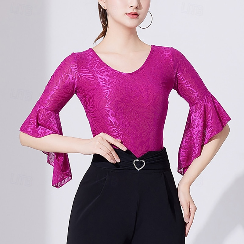 Latin Dance Top Lace Printing Pure Color Women's Performance Training Half Sleeve High Nylon