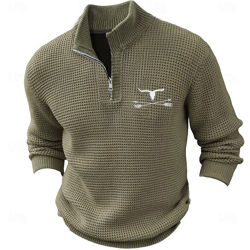 Men's Pullover Sweater Jumper Zip Sweater Polo Sweater Zip Collar Retro Vintage Casual Western Style Party Evening Wear Daily Embroidered Knitting Warm Long Sleeve Fall Winter Black Army Green Brown2