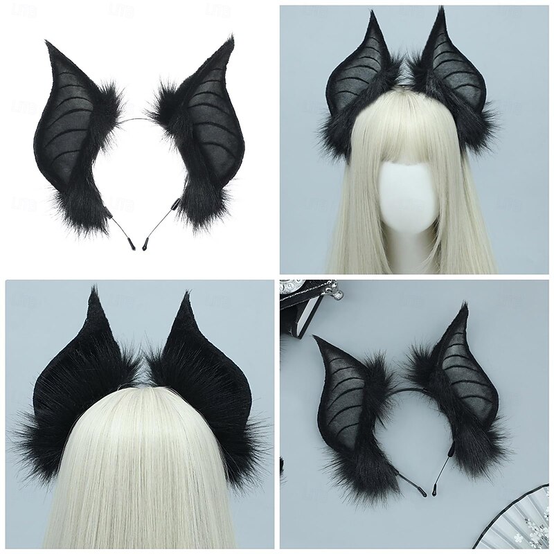 Cats Bat Fauxs Furs Ears Headbands Cute Halloween Fancy Dress Cosplays Costume Handmade Animal Furry Ears Hair Hoop Women2