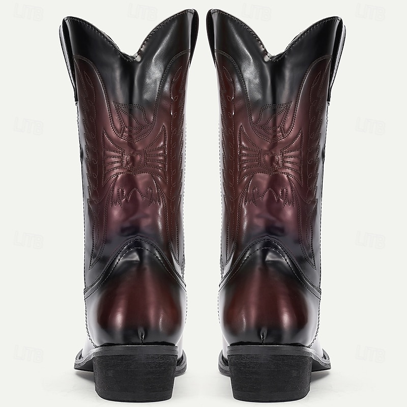 Men's Black and Burgundy Faux Leather Cowboy Boots with Embroidered Design - Classic Western Boots for Rodeo and Outdoor Wear3