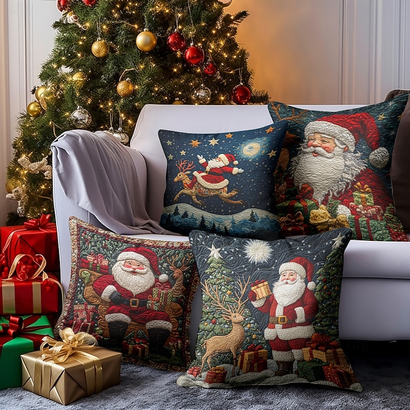 Christmas Decorations Decorative Toss Pillows Cover Quilting Art Santa 1PC Soft Square Cushion Case Pillowcase for Bedroom Livingroom Sofa Couch Chair2