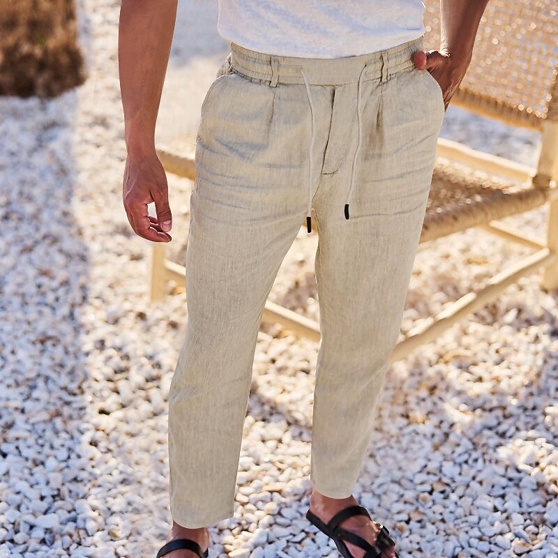 Men's Cotton Pants Trousers Beach Pants Casual Pants Pocket Drawstring Elastic Waist Plain Comfort Breathable Vacation Daily Holiday Hawaiian Boho Black White4