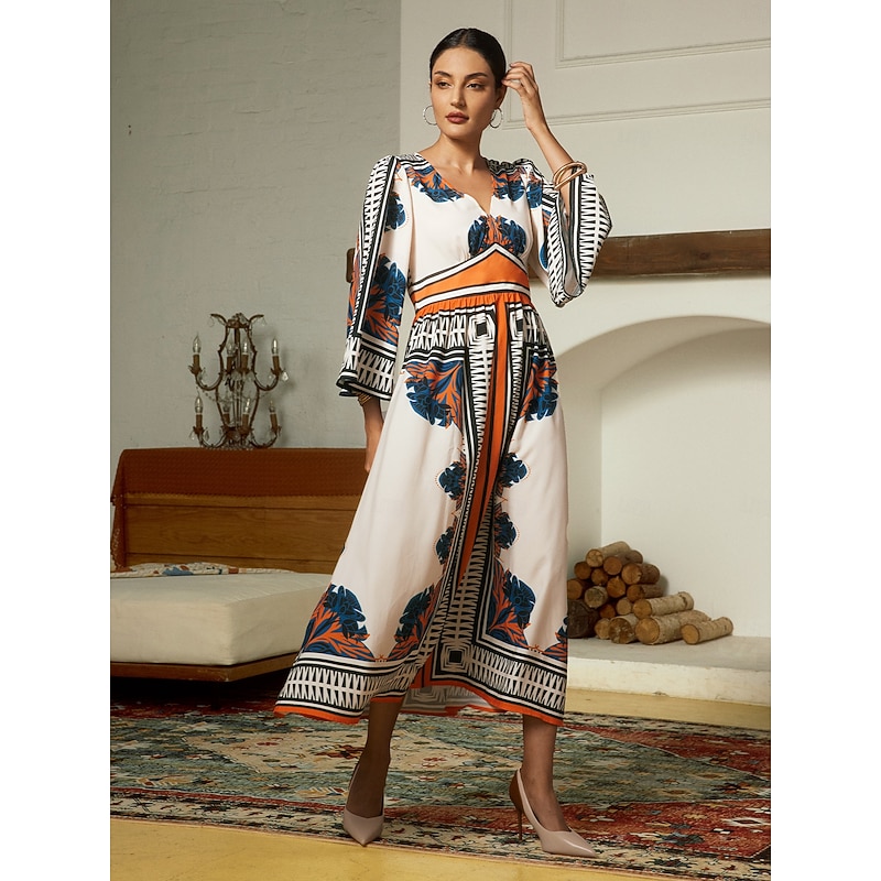 Satin Geometric Bohemia V Neck Maxi Dress