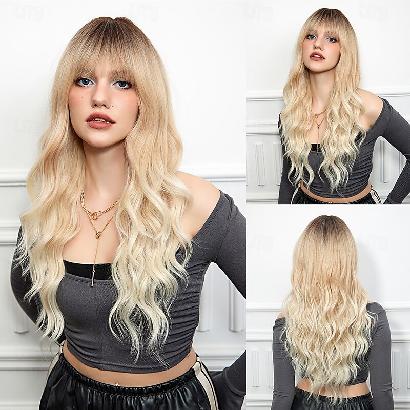 Synthetic Wig Curly Wavy Neat Bang With Bangs Machine Made Wig 26 inch Light Blonde Synthetic Hair Women's Cute Cosplay Party Blonde