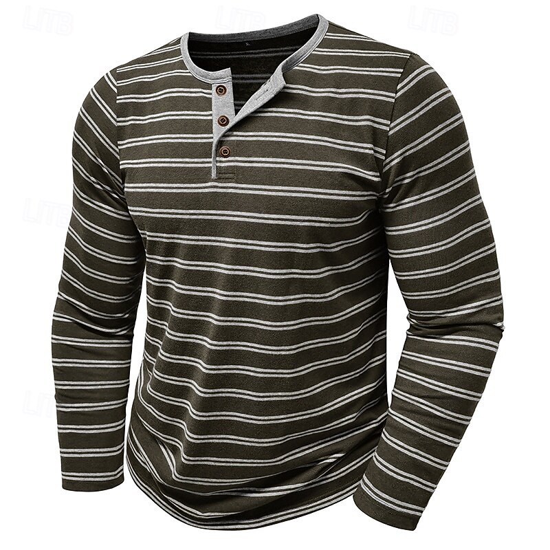 Men's Button T Shirt T Shirt Henley Shirt Tee Long Sleeve Henley Spring &  Fall Striped Fashion Designer Basic Buttons Vacation Street Going out Black White Army Green Top Tee for Men