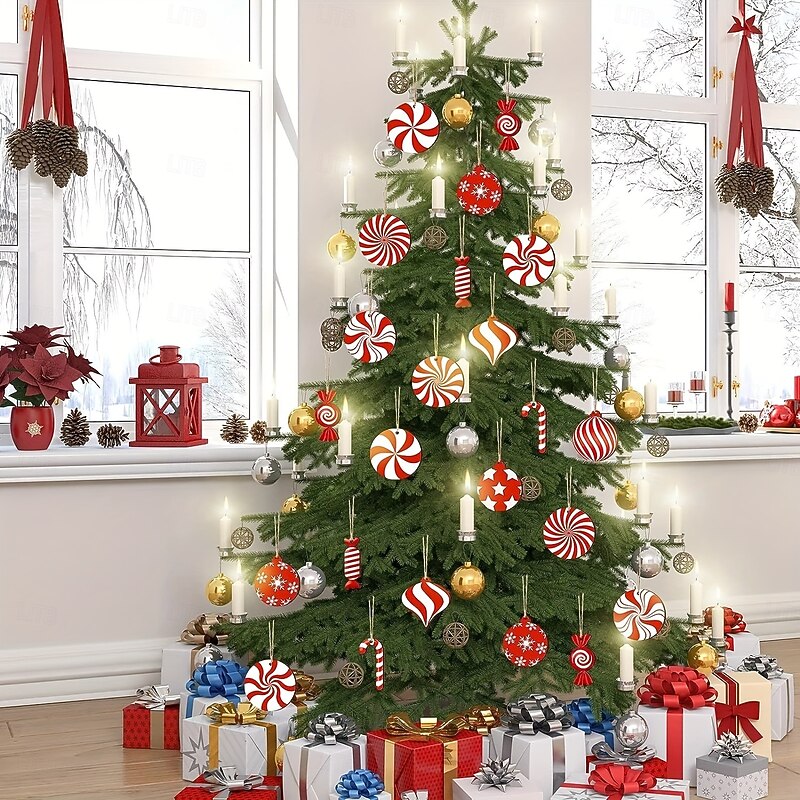 12pcs/set Wooden Christmas Ornaments, Peppermint Candy Cane, Holiday Decorations, Christmas Tree Hanging Decorations, Wooden Carved Peppermint Candy Cane, Peppermint Xmas Tree Decor4