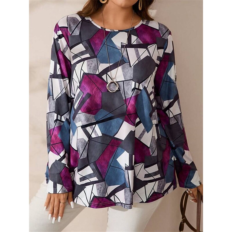 Women's Plus Size Tops T shirt Tee Color Block Print Long Sleeve Crew Neck Casual Daily Fall Winter Blue