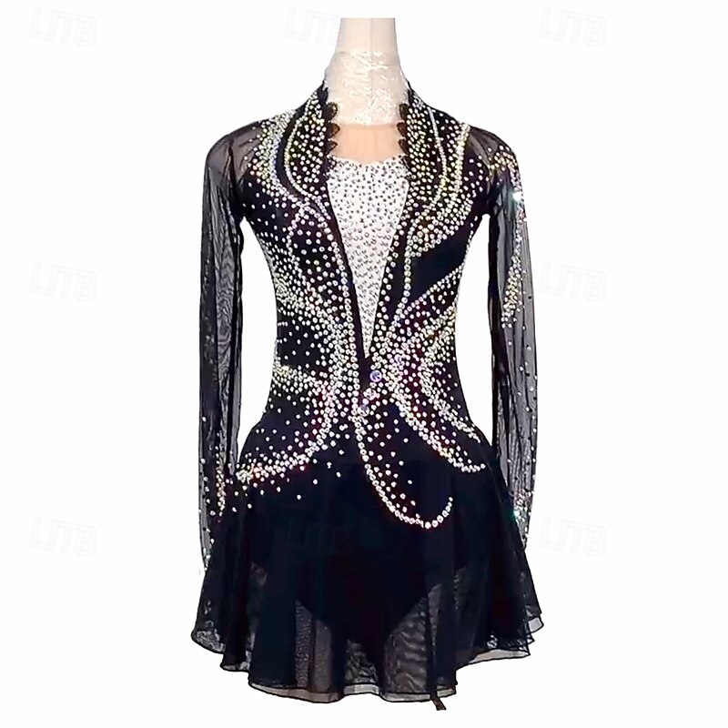 Figure Skating Dress Women's Girls' Ice Skating Dress Black Patchwork Mesh High Elasticity Training Competition Skating Wear Classic Crystal / Rhinestone Long Sleeve Ice Skating Figure Skating