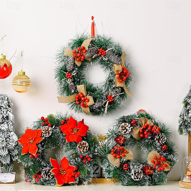 Christmas Wreath Outdoor for Front Door Winter Wreath 30cm - Pine Cone and Large Red Flower Decorations, Burlap Bow, Festive Wall Decor, Holiday Home Atmosphere Enhancer