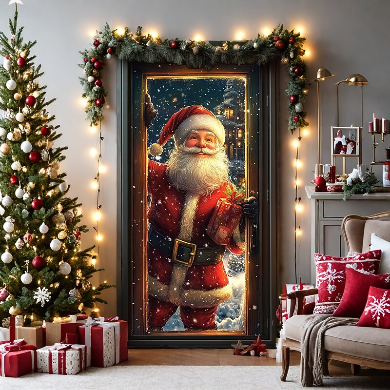 Christmas Door Decorations Door Covers Xmas Santa Deliver Gift Door Tapestry Door Curtain Decoration Backdrop Door Banner for Front Door Farmhouse Holiday Party Decor Supplies Indoor/Outdoor2