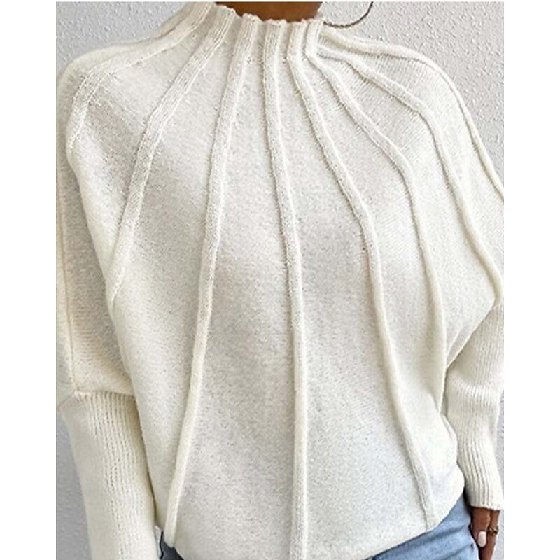 Women's Sweater Fashion Daily Solid Color Mock Neck Knitted Textured Batwing Sleeve Long Sleeve Regular Tops Knit Home Work Daily Black White Fall Winter3