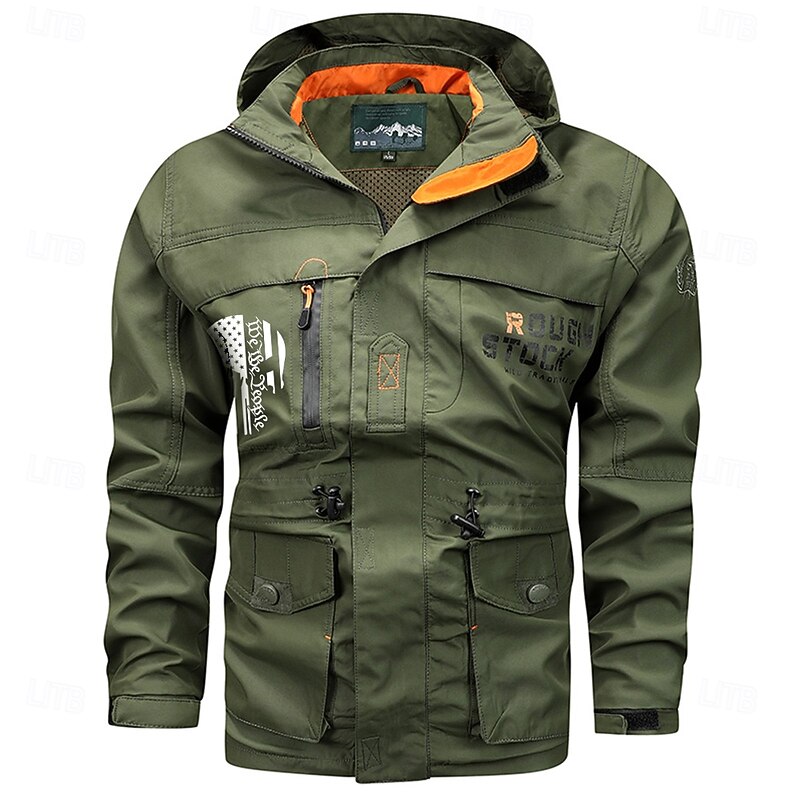 Men's Letter Printed Outdoor Jacket Coat Tactical Practical Casual Sports Outdoor Daily Wear Side Pockets Zip Front Adjustable Drawstring Hood Fall Winter Standing Collar Long Sleeve khaki Army Green3