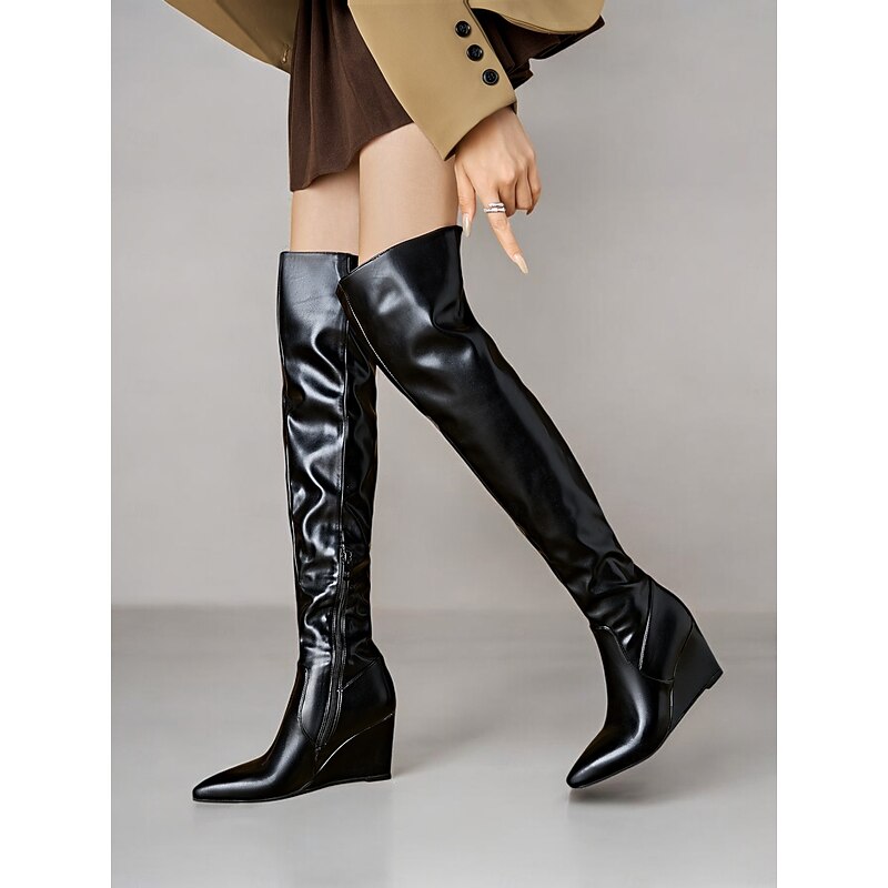 Women's Black Over-the-Knee Wedge Heel Boots – Sleek Faux Leather, Pointed Toe, Winter Fashion for Casual or Night Out3