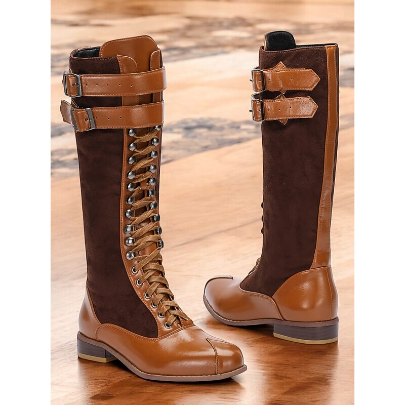 Women's Burgundy Faux Suede and Black Faux Leather Knee-High Lace-Up Boots – Vintage-Inspired Design with Double Buckle Straps, Perfect for Casual and Formal Wear3