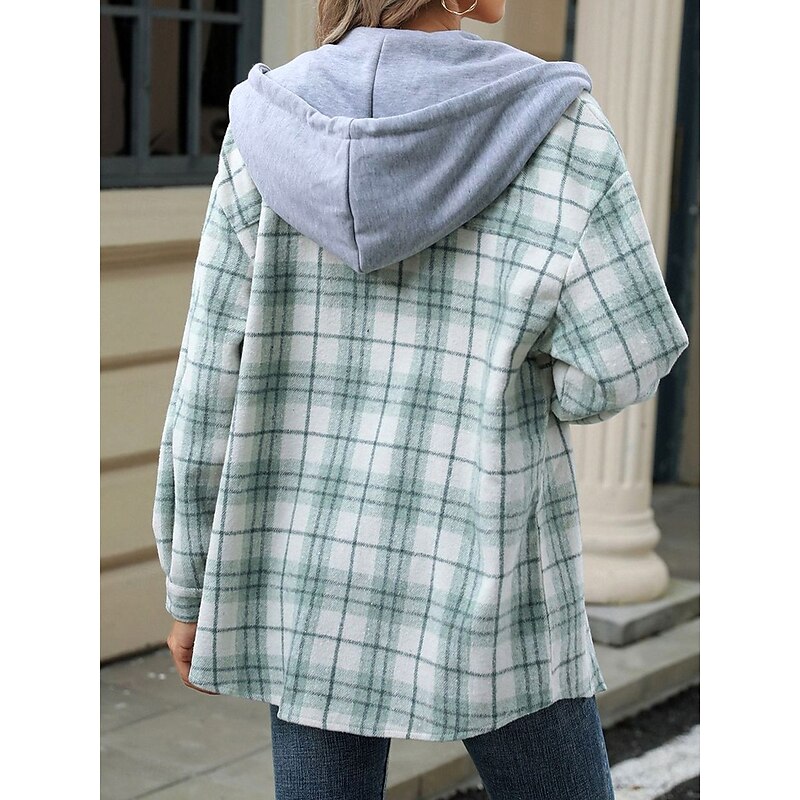 Women's Coat Outdoor Street Daily Wear Fall Winter Regular Coat Regular Fit Thermal Warm Breathable Stylish Casual Jacket Long Sleeve Stripes and Plaid with Pockets Green3