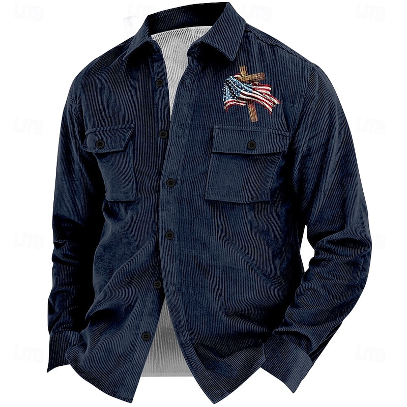 American Independence Day Men's American Flag Cowboy Corduroy Shirt Shirt Jacket Overshirt Long Sleeve Vintage Tribal Outdoor Dailywear Fall & Winter Turndown Collared Shirts Buttons 3D Print 22